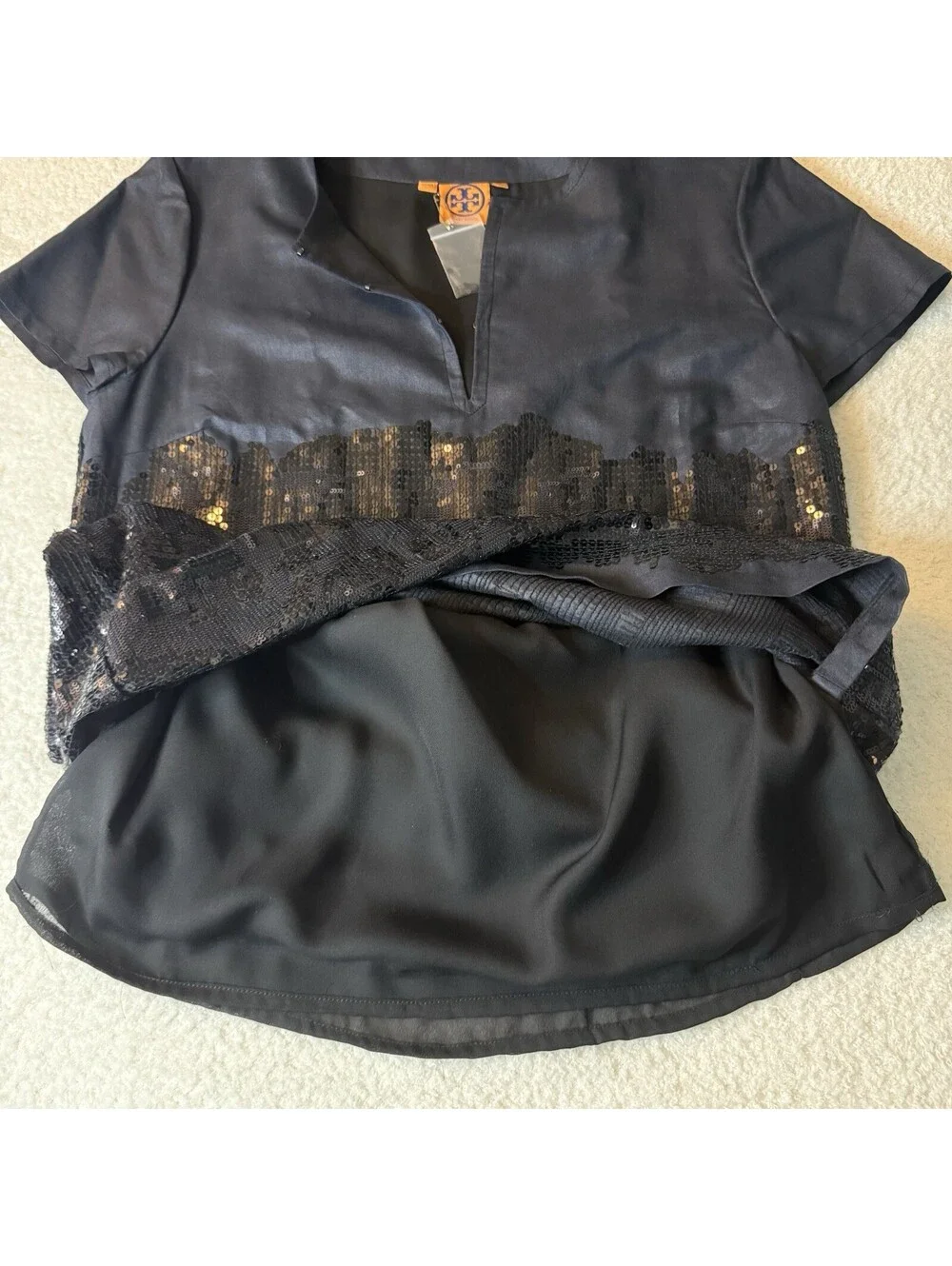Tory Burch Women’s Size 14 Navy Sequin Shift Dress Short Sleeve Lined Cocktail